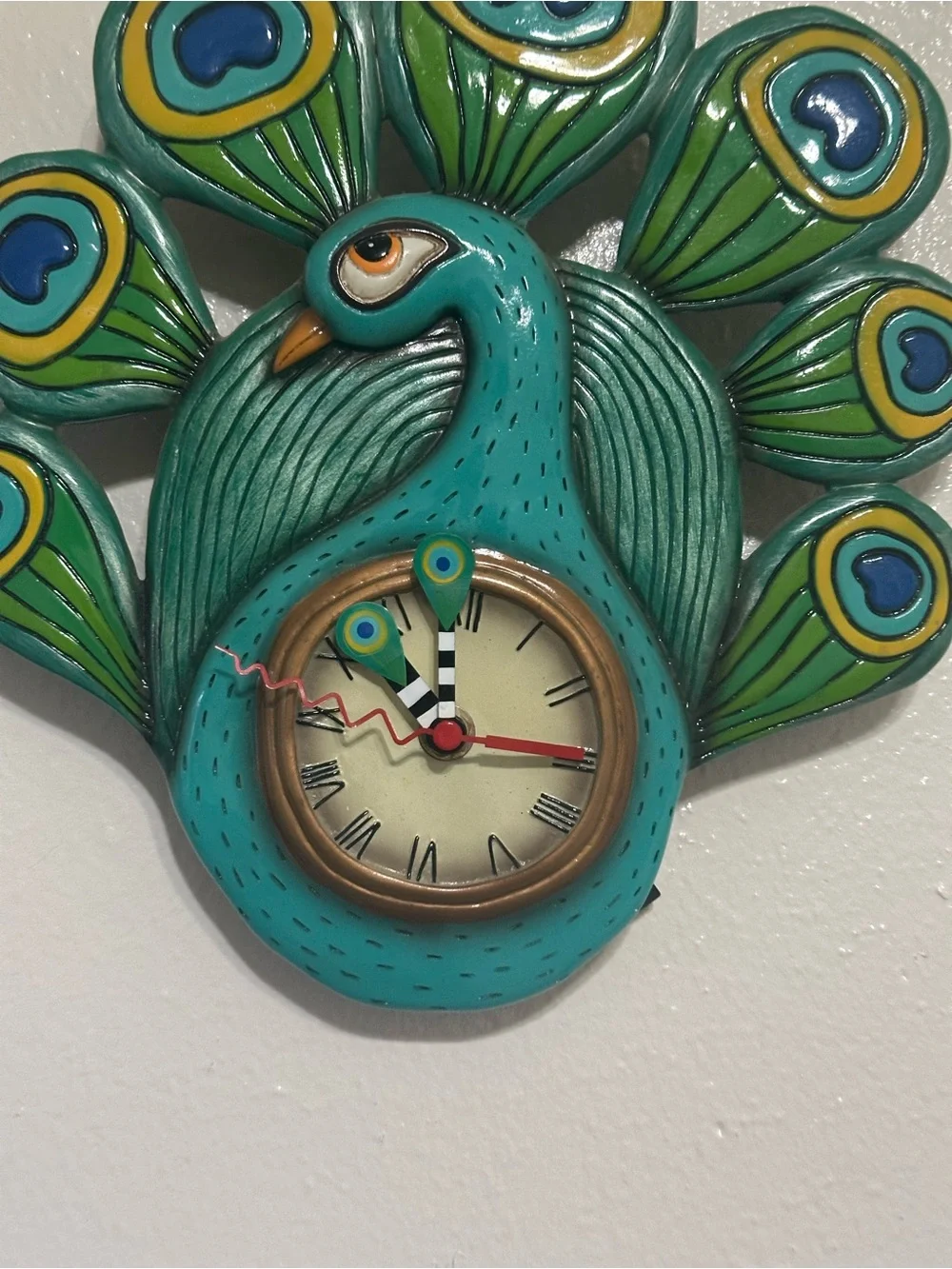 Allen Designs Peacock Pendulum Wall Clock Whimsical Teal Resin Bird Timepiece